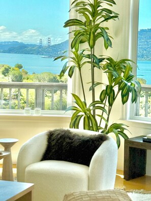 Ein Zimmer mit Blick auf die Golden Gate Bridge, einer Topfpflanze und einem weißen Sessel.