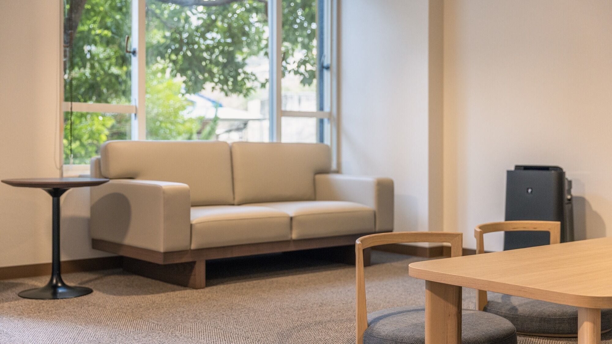 A modern room with a sofa, a small round table, a wooden dining table, and a chair.