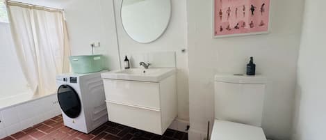 Hair dryer, towels, soap, toilet paper