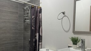 A modern bathroom with a shower, toilet, sink, and a mirror. - MODERN ROOM PRIVATE BATHROOM IN EXCLUSIVE AREA (Guadalajara)