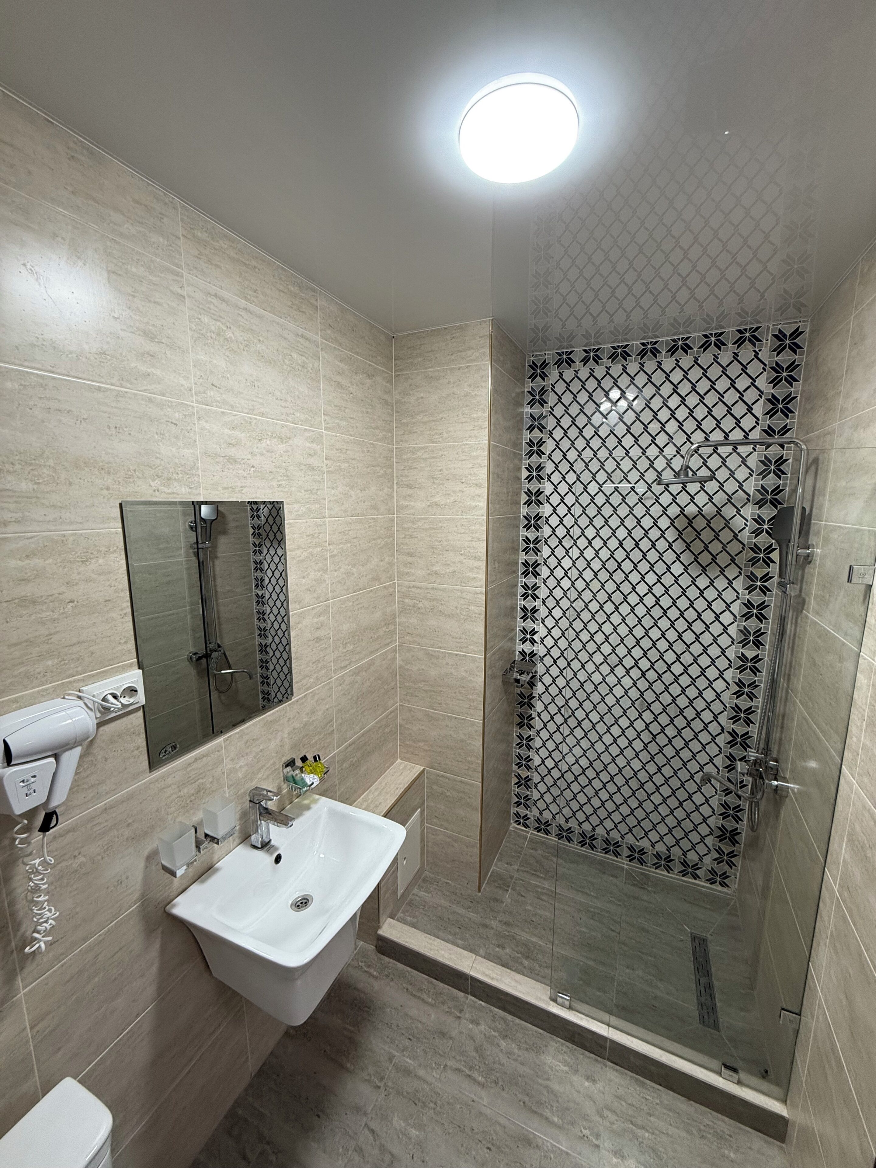 Un baño con ducha de vidrio, lavabo con espejo e inodoro.