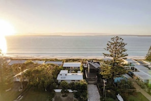 A coastal residential area with houses, a prominent tree, and a view of the sea. - 'Kindred' Absolute Beachfront Retreat (Callala Beach)