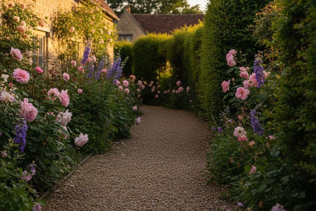 Un camí de grava flanquejat per vegetació exuberant i plantes amb flors, que condueix a un edifici d'estil arquitectònic tradicional.