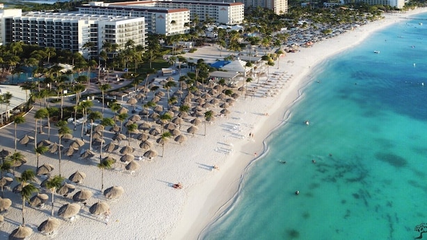 Ett semesterparadis vid stranden med flera hotellbyggnader, en sandstrand som kantas av palmer och parasoller med halmtak samt kristallklart turkost vatten.