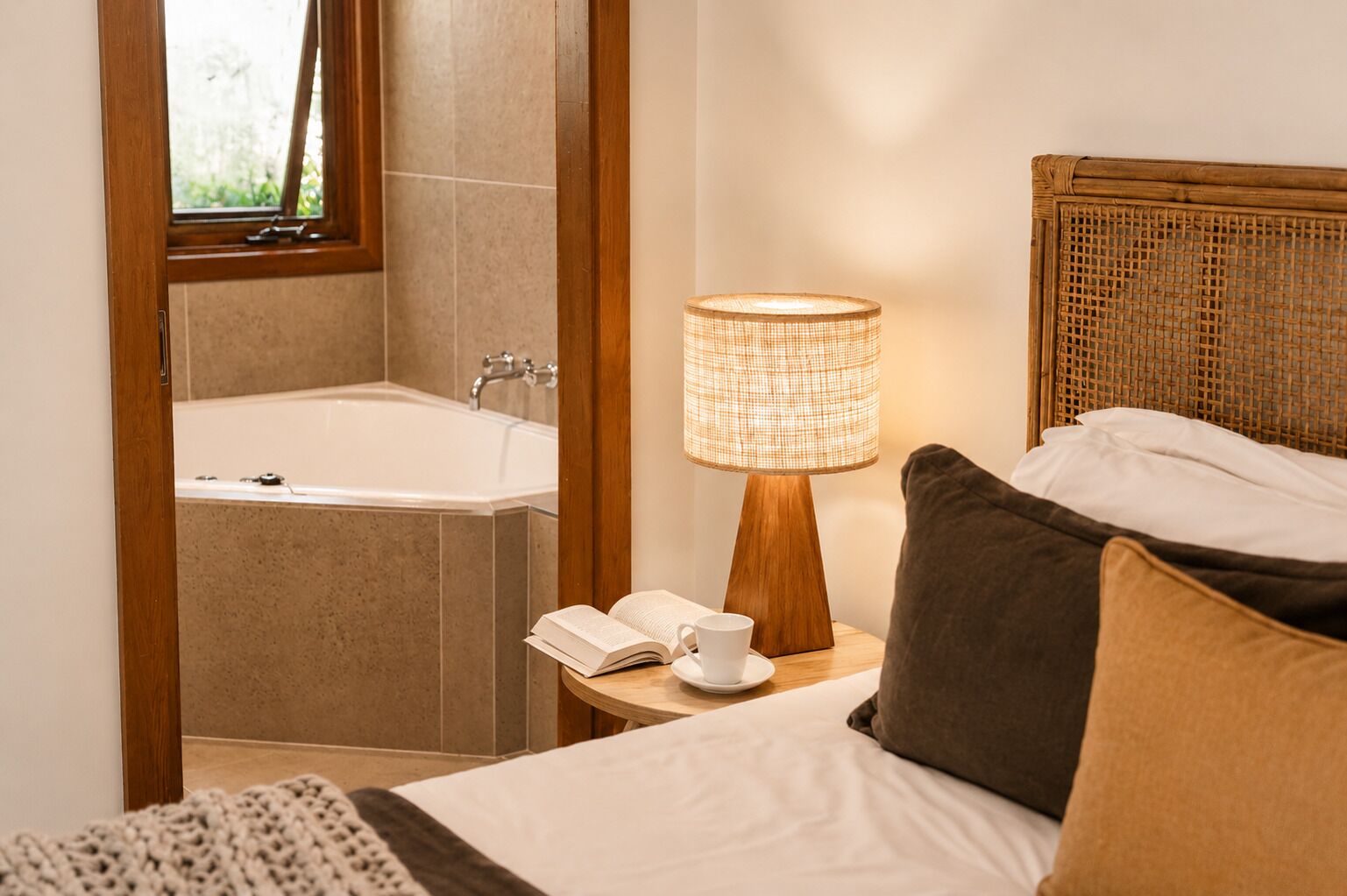 A bedroom with a bed, a bedside table with a lamp, a book, and a cup.