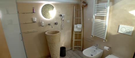 Regadera, secadora de cabello, bidet, toallas