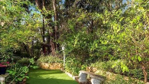 A garden pathway with a green lawn, stone benches, and various plants. - Bickley Tree Stay (Bickley)