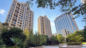 A plaza with modern buildings, a palm tree, and a wooden structure. - Tyms High Serviced Residence Shanghai Caohejing (Shanghai)