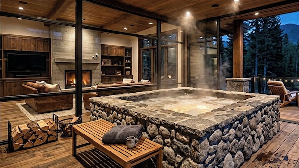 Una bañera de piedra en una cabaña de madera con chimenea, zona de estar y ventanas amplias.