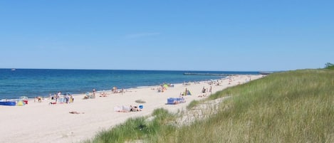 A beach with sand, grass, and the ocean.