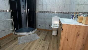 Shower, hair dryer, towels, toilet paper