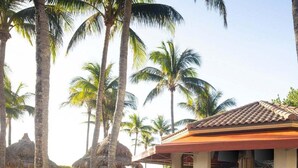Ein Resort mit Außenbereich, Palmen und einer Bar.