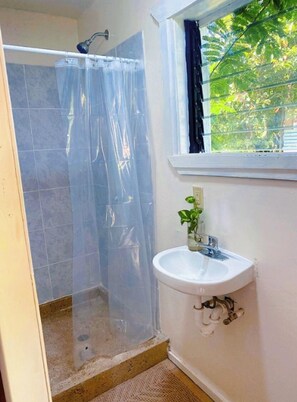 A bathroom with a shower, a sink, and a window. - Crown Jewel Eco Villa (San Ignacio)