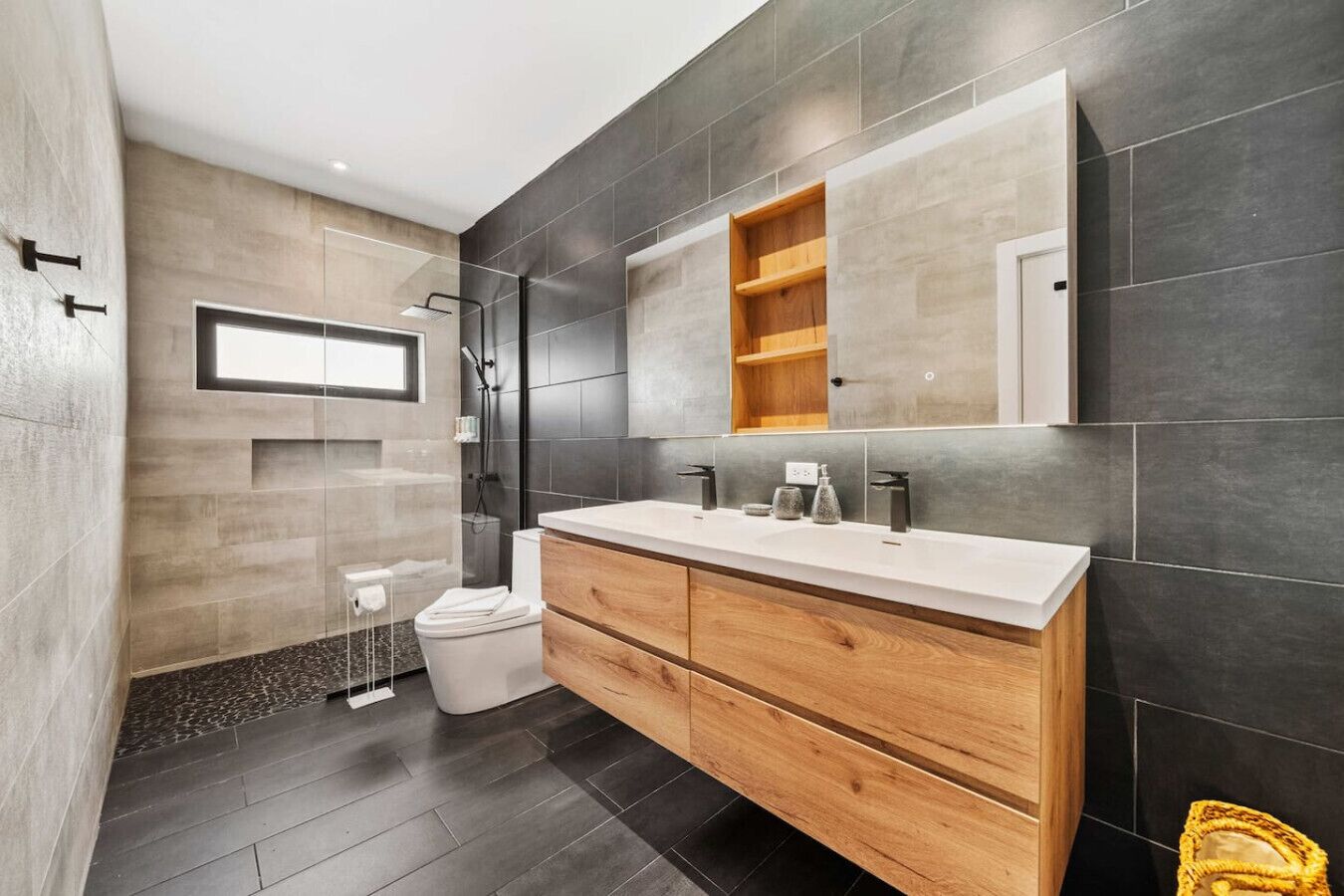 Shower, hair dryer, towels
