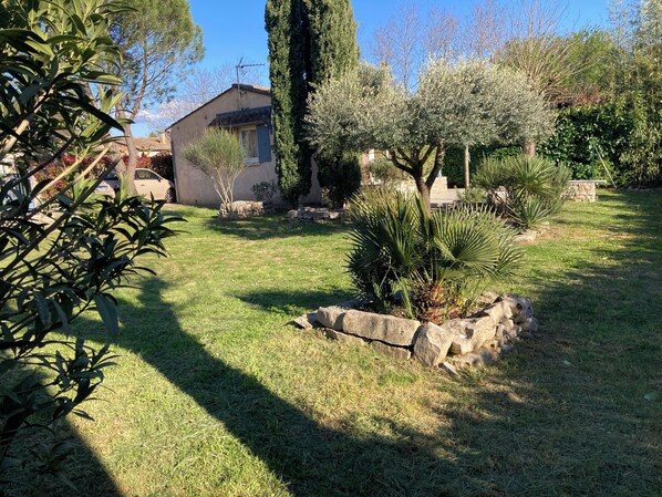 A garden with a stone wall, a palm tree, and a building with a sloped roof. - "L'Olivier" air-conditioned house / 700 m2 (Ruoms)