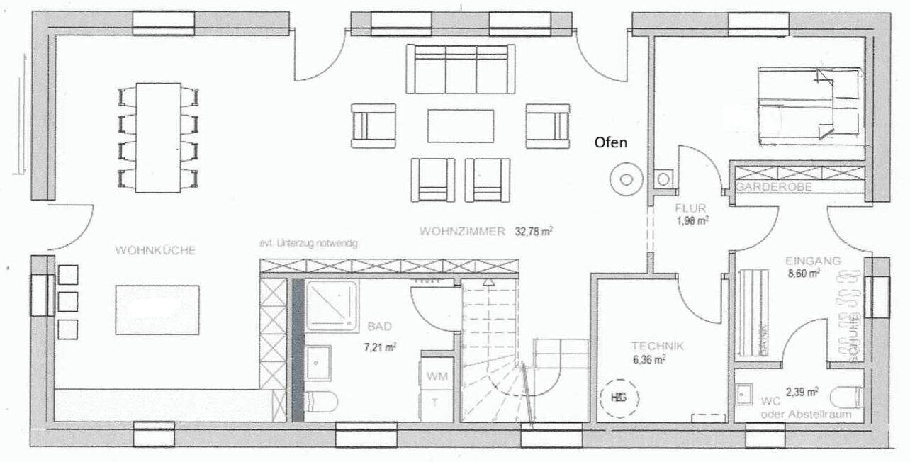 Ein Hotelgrundriss mit Wohnzimmer, Essbereich, Küche, Bad und Schlafzimmer.