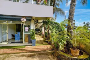A building with a glass entrance, a staircase leading to the entrance, and potted plants around the area. - Deluxe Celeb Da Luna (Chopdem)