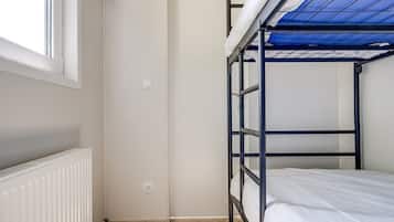 A bunk bed with a blue ceiling, a white radiator, and a window.