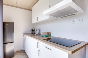 A modern kitchen with a stainless steel refrigerator, a built-in oven, a coffee maker, and a sink. - Cube 96 | 4 persoons chalet in Zennewijnen (Zennewijnen)