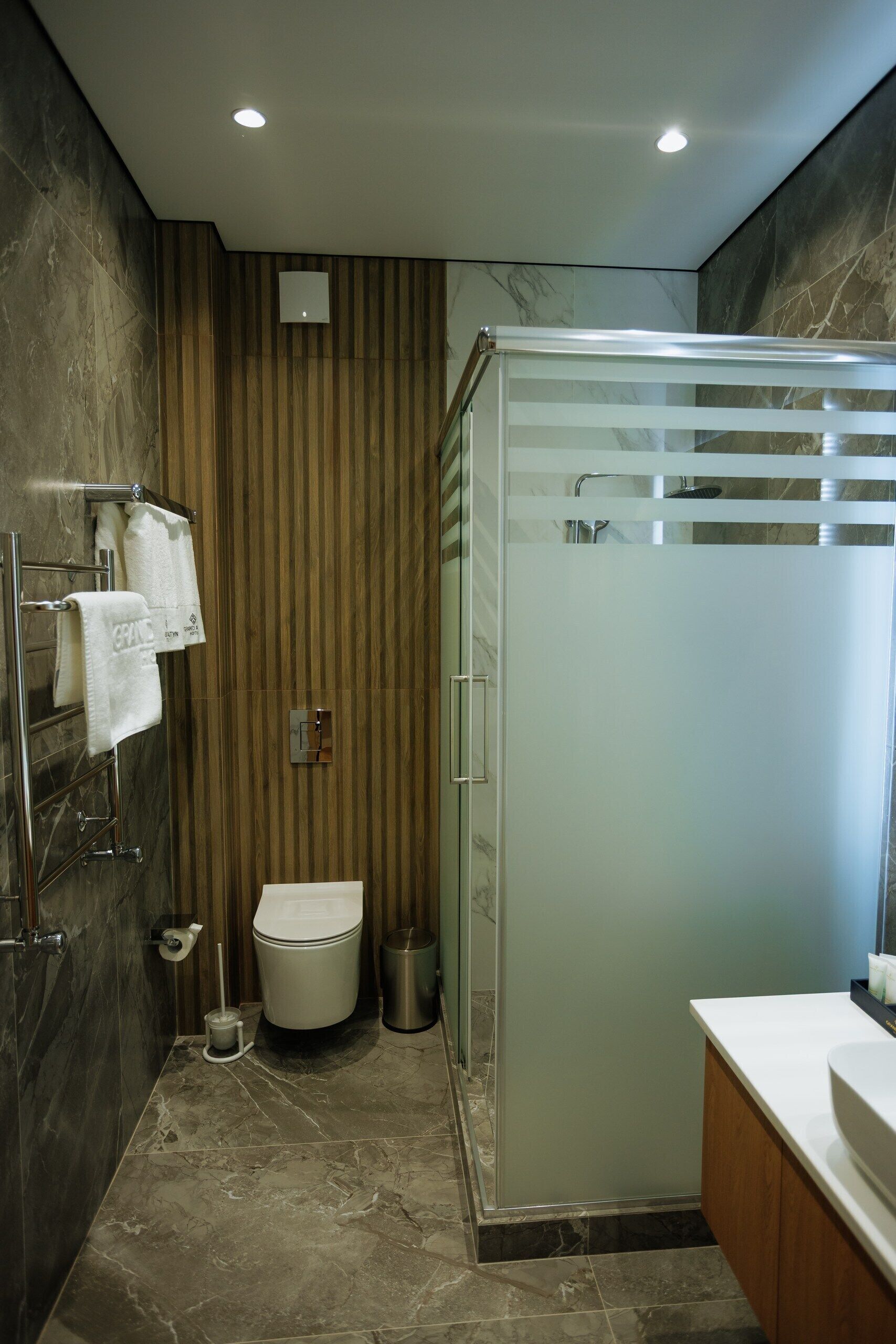 Een moderne badkamer met een douchecabine van glas, een toilet, een handdoekhouder en een wastafel.