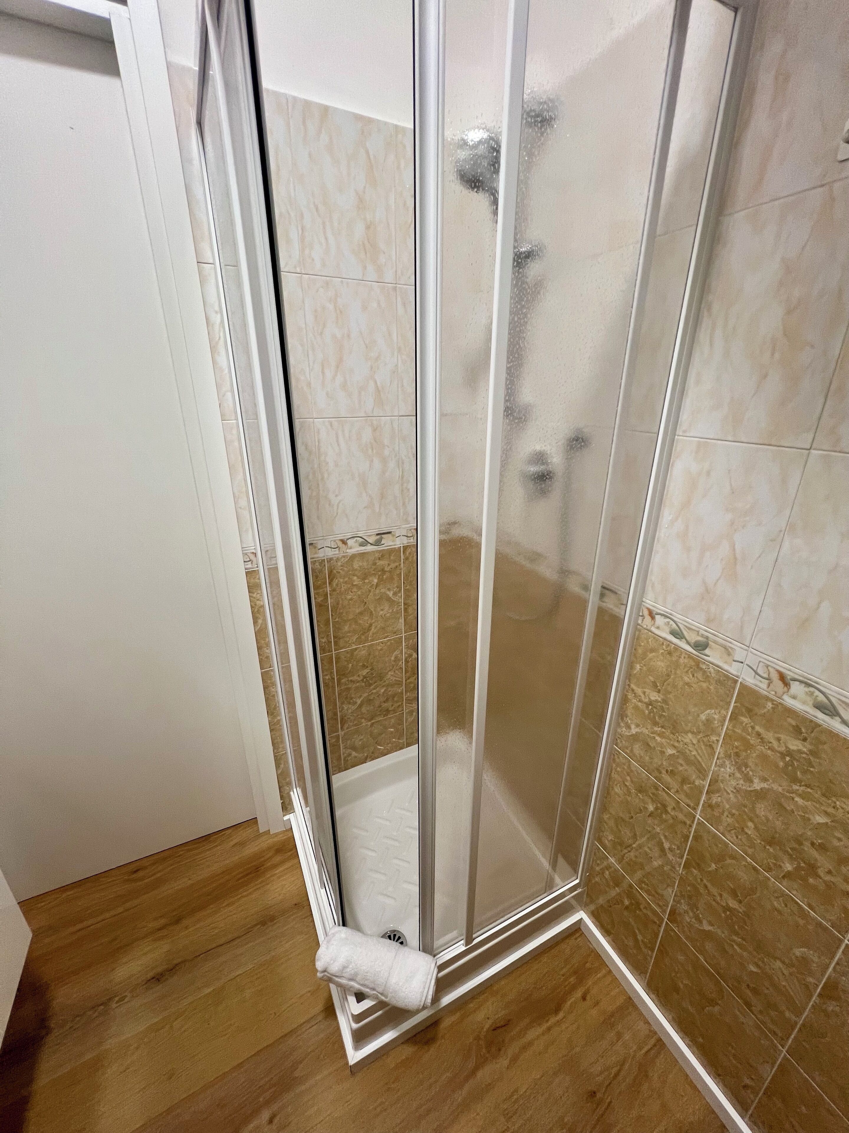 Douche, séchoir à cheveux, bidet, serviettes fournies