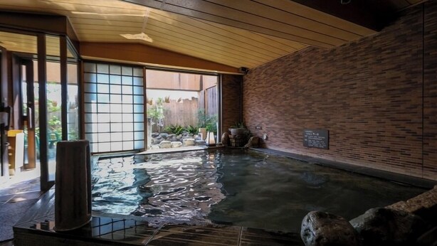Baño de aguas termales con techo de madera, paredes de ladrillo y vistas al exterior.