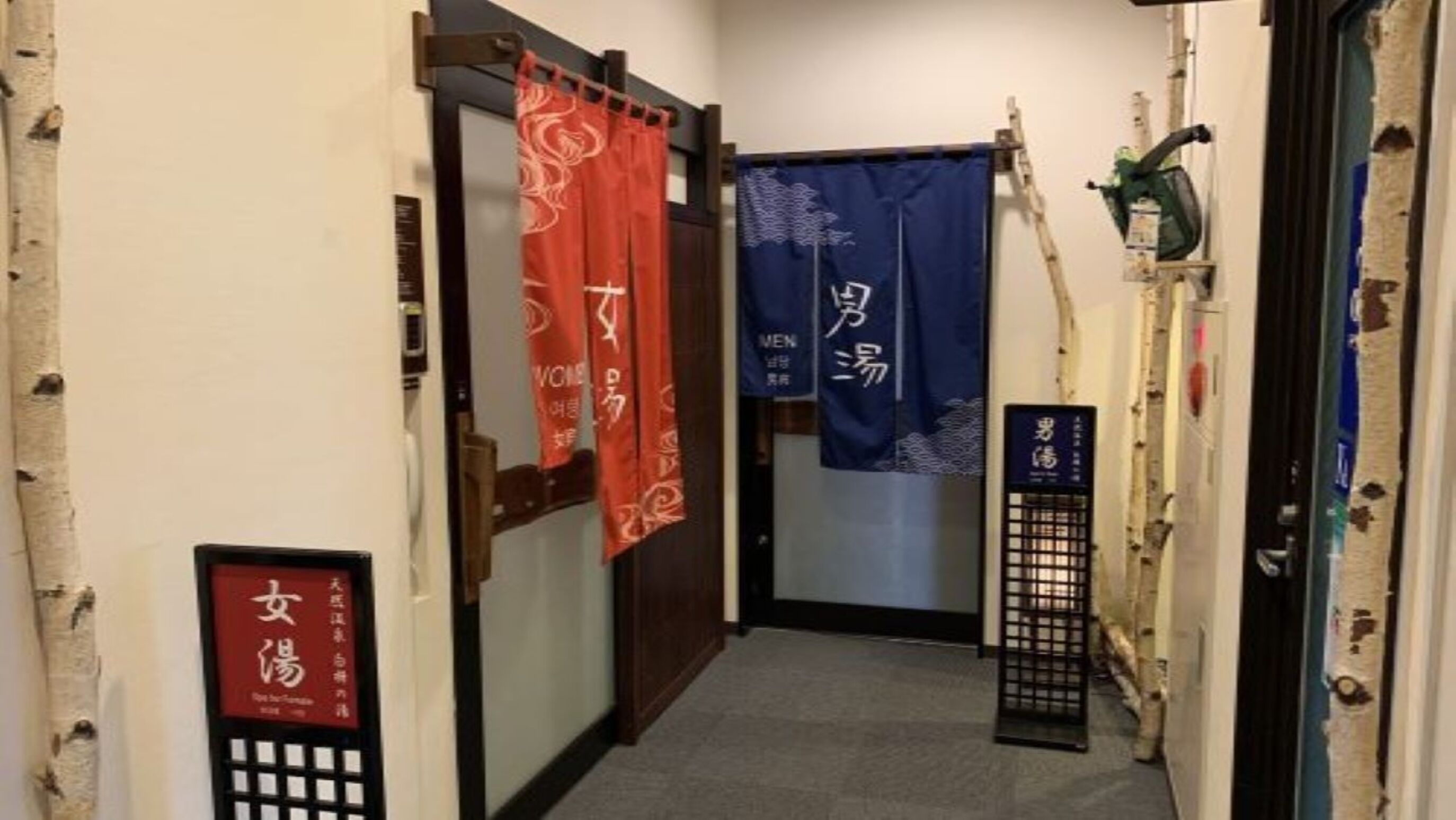 A narrow hallway with traditional Japanese sliding doors, a blue curtain, and a small black lantern.