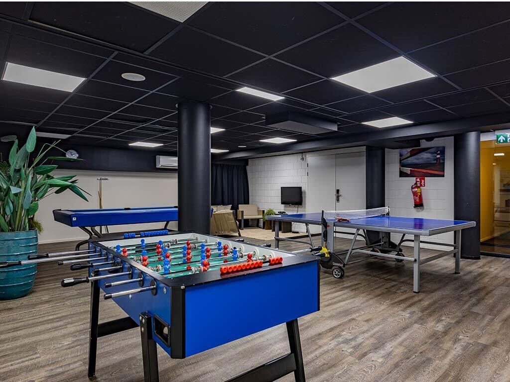 Een kamer met een tafelvoetbaltafel, een pingpongtafel en een grote potplant.
