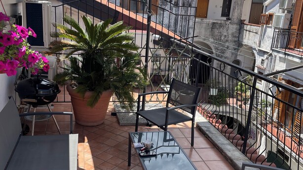 Une terrasse avec une table, des chaises, un pot de fleurs et un barbecue.