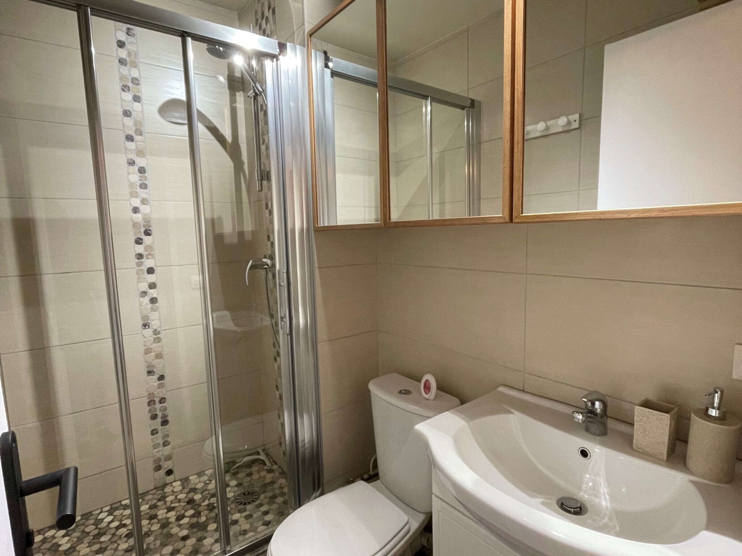 Une salle de bain avec une douche à parois de verre, des toilettes et un lavabo avec un miroir au-dessus.