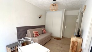 A modern living room with a sofa, a dining table, chairs, a cactus, a TV, and a wardrobe. - Beachfront studio, AC - 2 guests (Argelès-sur-Mer)