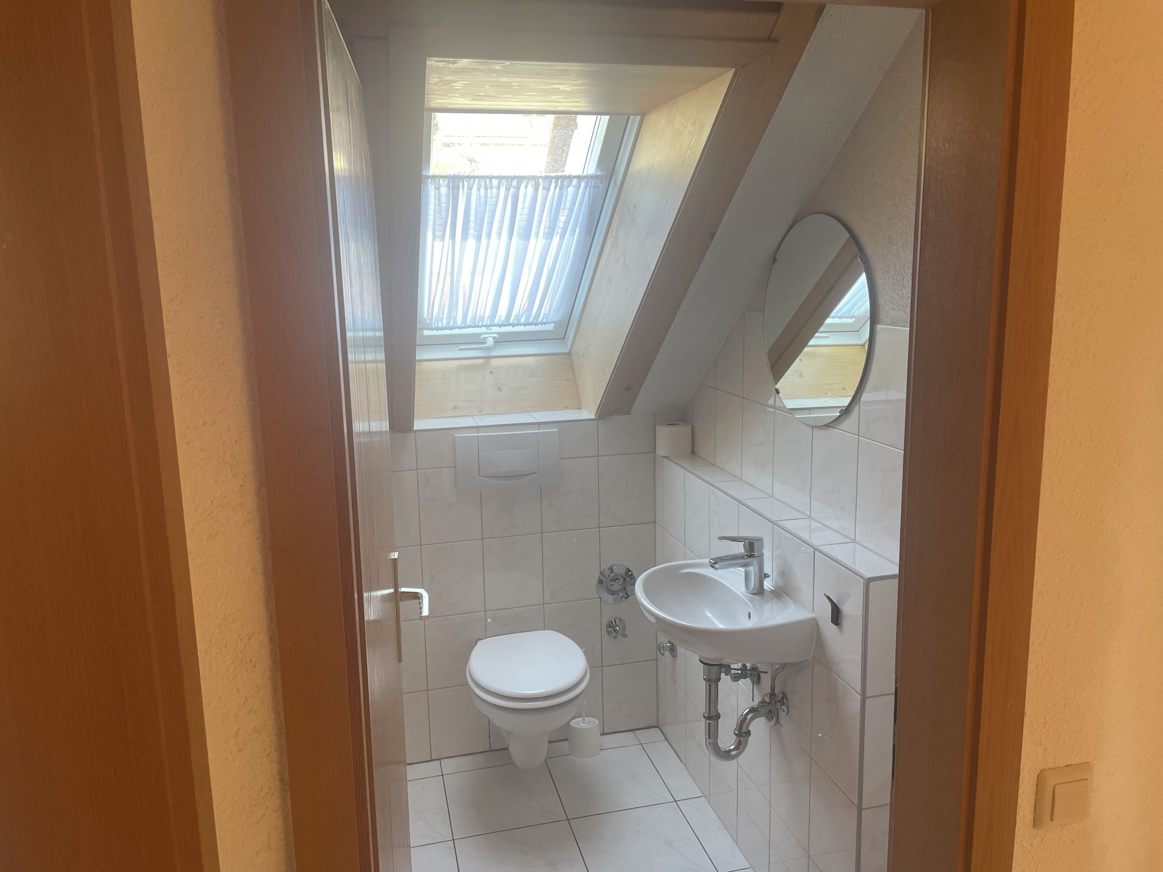A small, modern bathroom with a skylight, a toilet, and a sink.