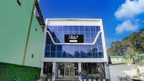 A modern building with a glass facade, a checkered entrance area, and potted plants.