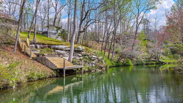 A wooden staircase leading to a small building, surrounded by trees and a calm body of water. - Drop A Line – Riverfront Relaxation on Little Riverer (Mentone)
