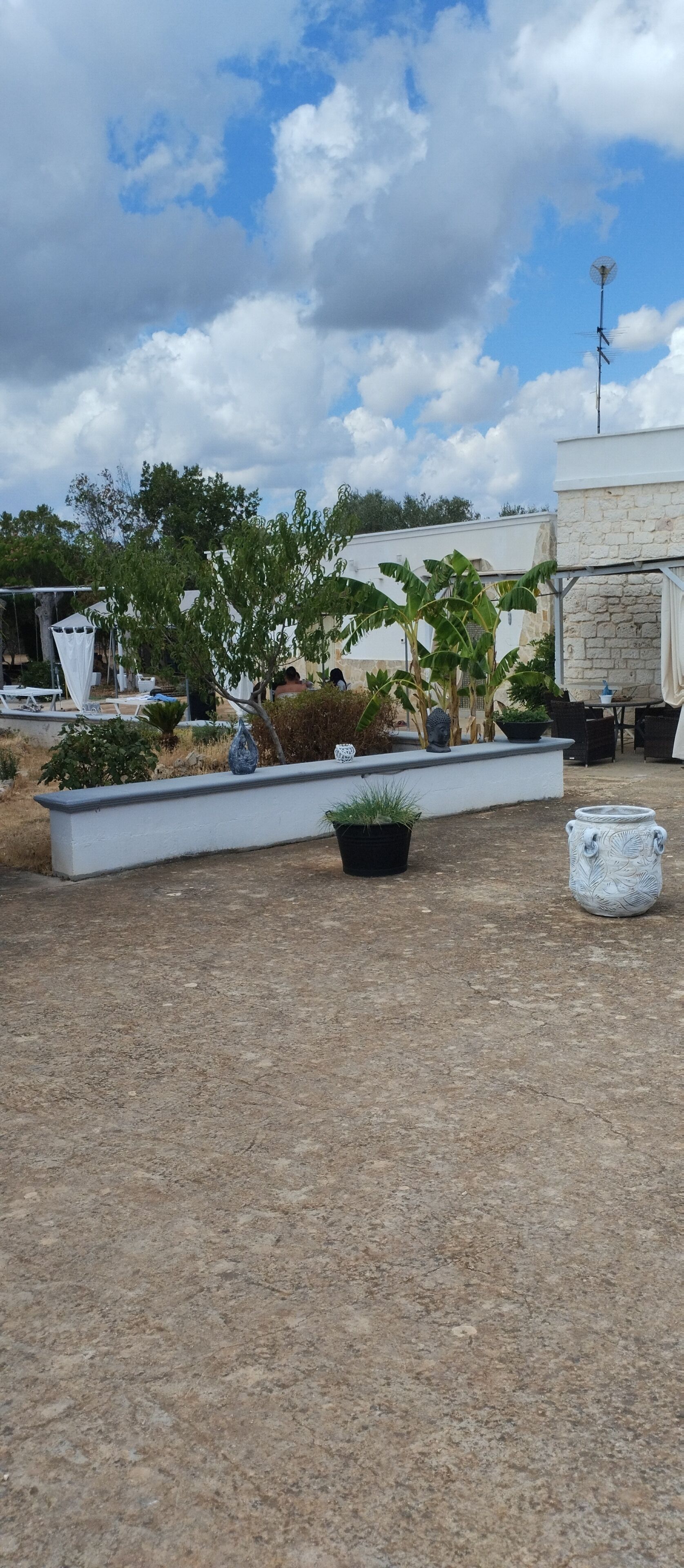 A rooftop garden with potted plants, a white bench, and a stone wall.