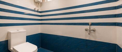 Une salle de bain avec des toilettes blanches, une douche équipée d’un pommeau de douche à main, et des murs à rayures bleues et blanches.