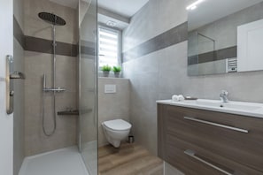 A modern bathroom with a glass shower enclosure, a toilet, a sink with a mirror, and wooden cabinets. - La Terrasse, your cosy nest 10 minutes from train stations, old town and beaches (Antibes)