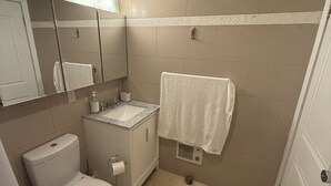 Un baño con inodoro, lavabo, espejo y toallero.