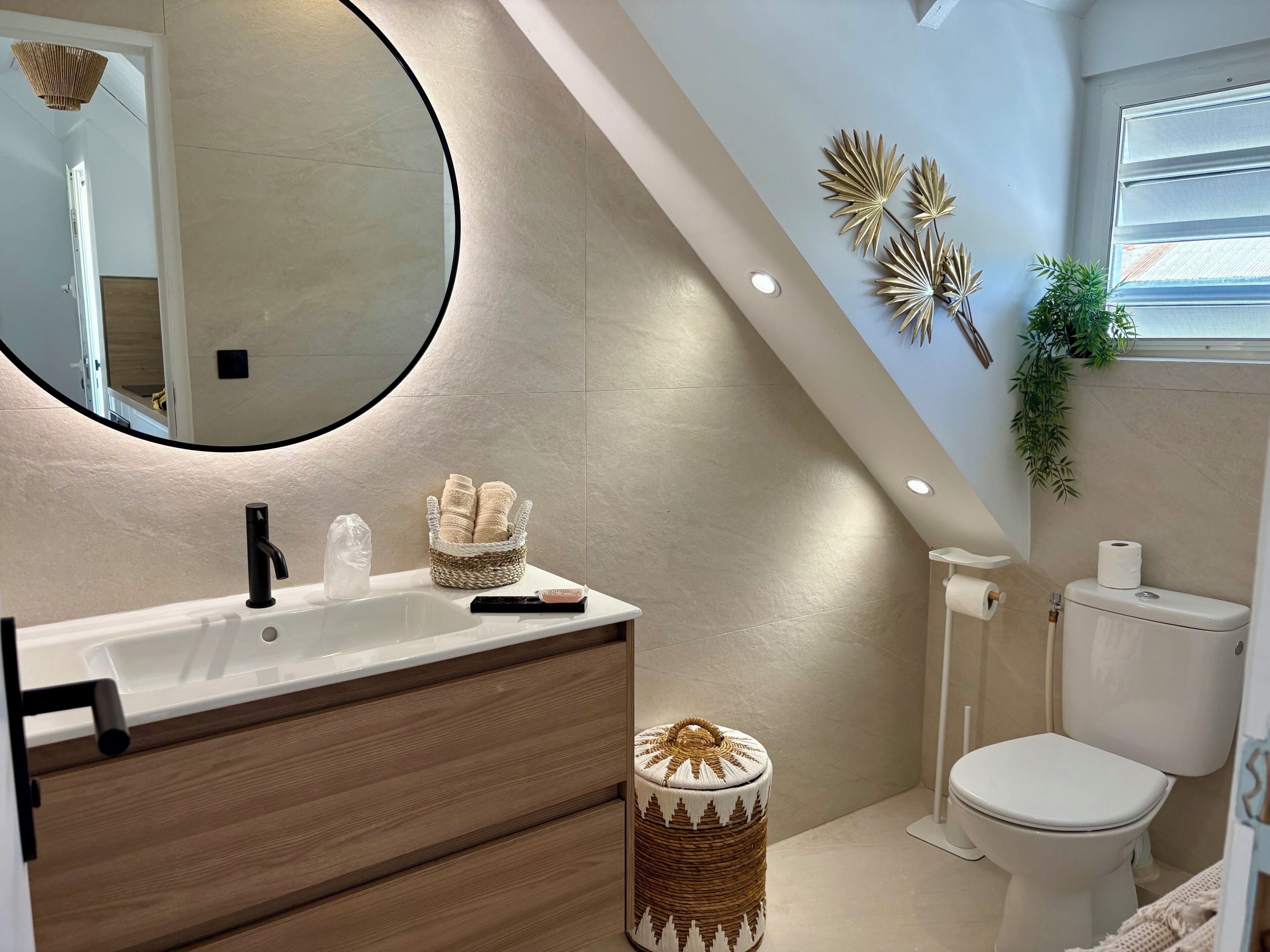 Secadora de cabello, toallas, jabón, papel de baño 