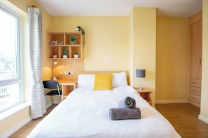 A hotel room with a bed, a desk, a chair, a shelf with plants, and a wardrobe. - Clean and Spacious Family House in Galway (Galway)
