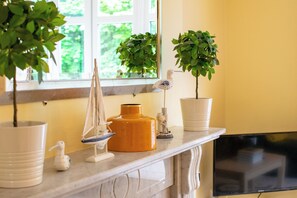 A kitchen counter with potted plants, a small sailboat model, and a decorative item. - Clean and Spacious Family House in Galway (Galway)