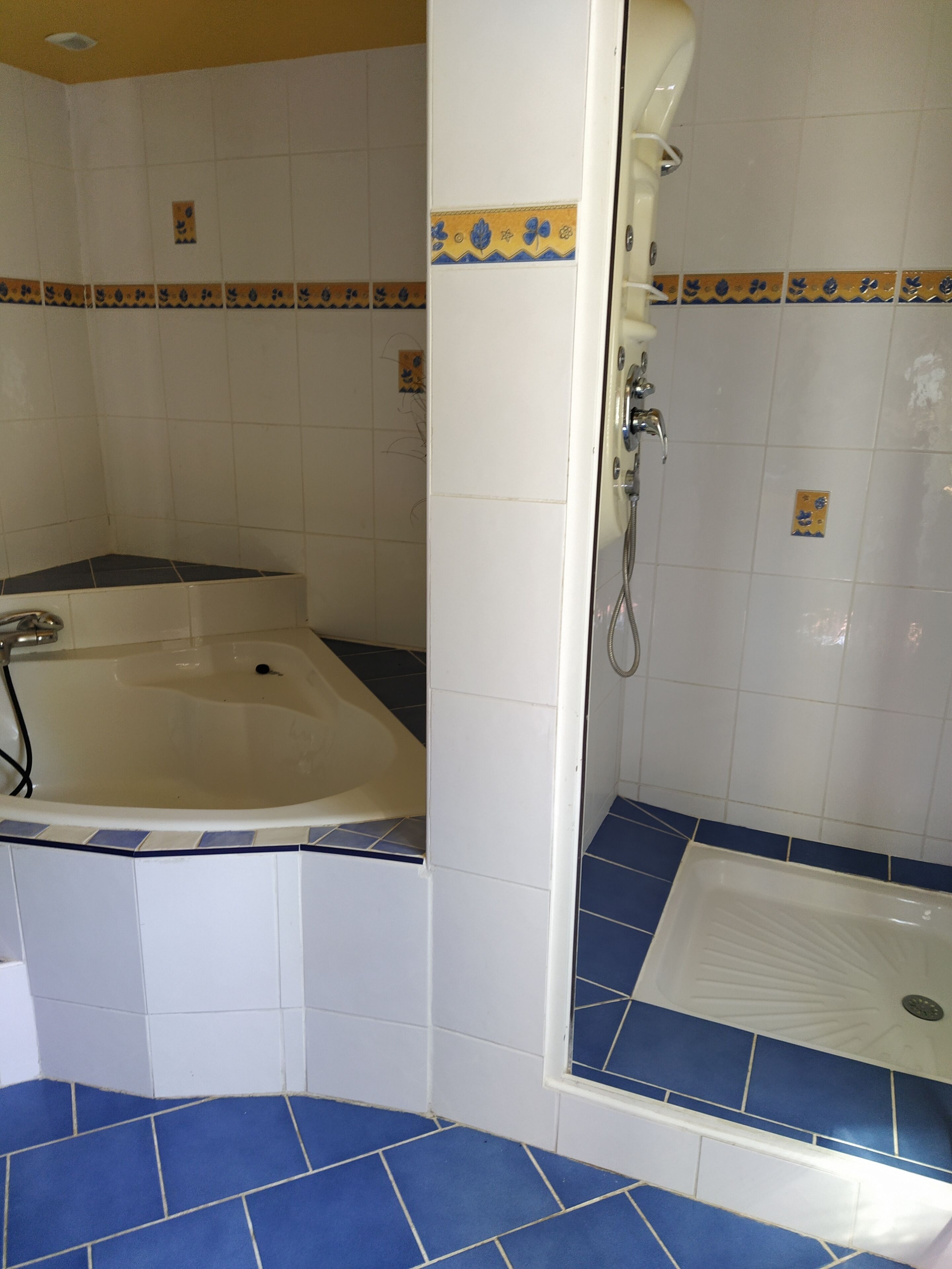 Shower, hair dryer, towels, toilet paper
