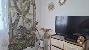 Ein Zimmer mit einem großen Spiegel, einem Fernseher auf einem Holzboden und einem Wandbehang.