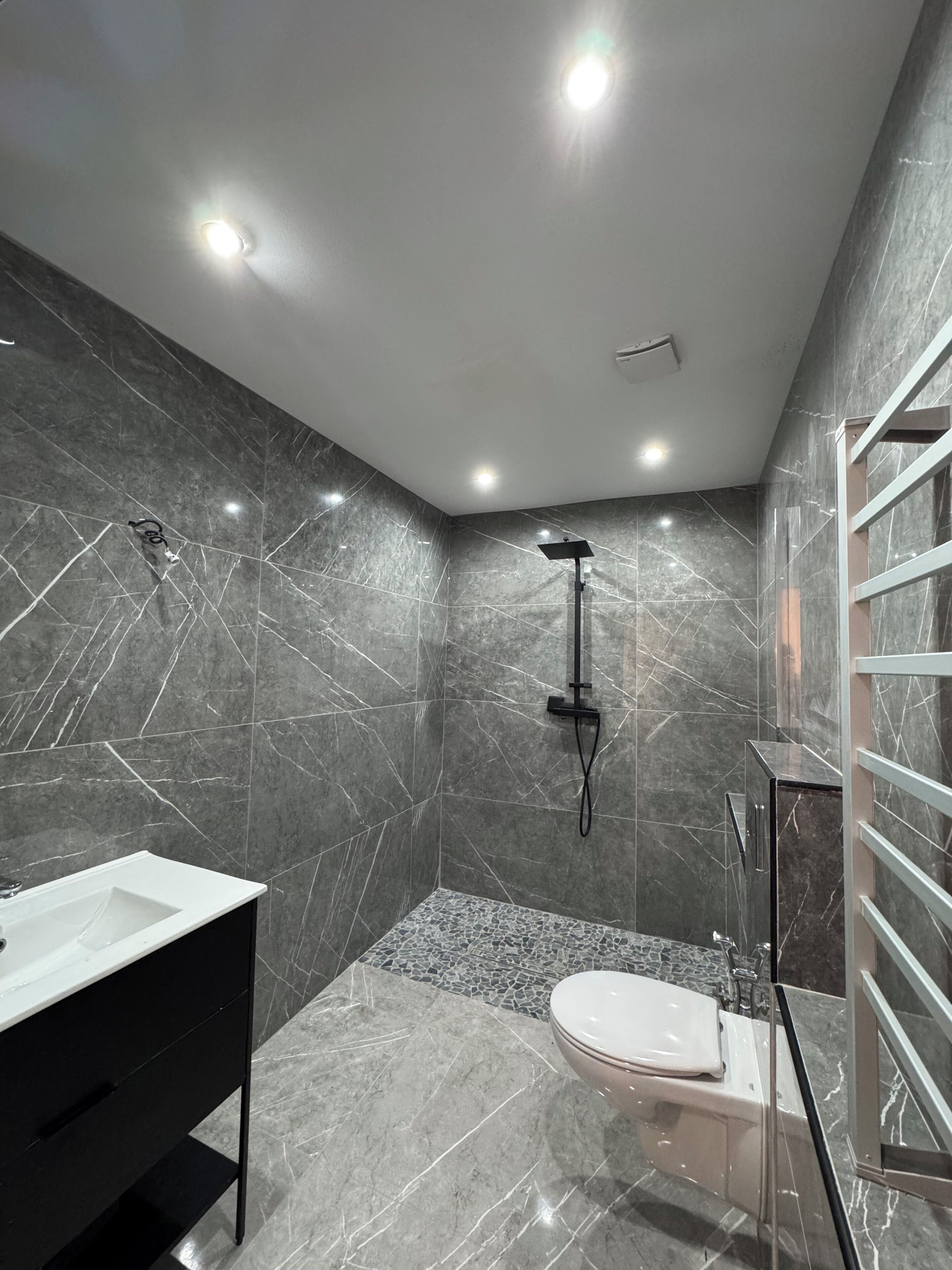 A modern bathroom with a shower, a toilet, and a vanity.