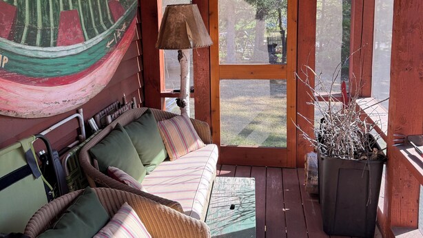 En stuga med träpanel på insidan, inredd med en soffa, en lampa, en hängmatta och en krukväxt.