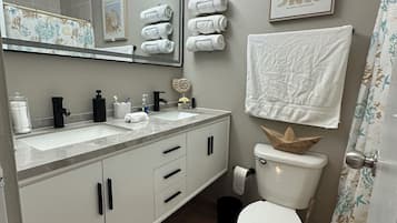 Hair dryer, towels, soap, toilet paper