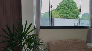 A room with a beige sofa, a potted plant, and a window with a view of greenery. - Hotel beira rio OPK (Oiapoque)