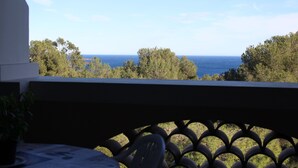Ein Balkon mit Blick auf das Meer und Bäume.