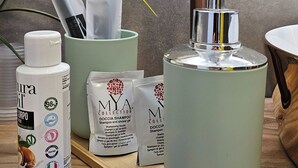 Ein Badezimmer mit Dusche, Pflegeprodukten und einer Pflanze.