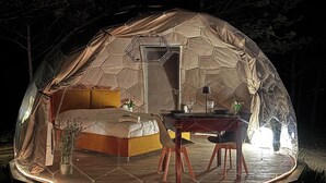 Eine geodätische Kuppel mit einem Bett, einer Sitzecke und einem Tisch.